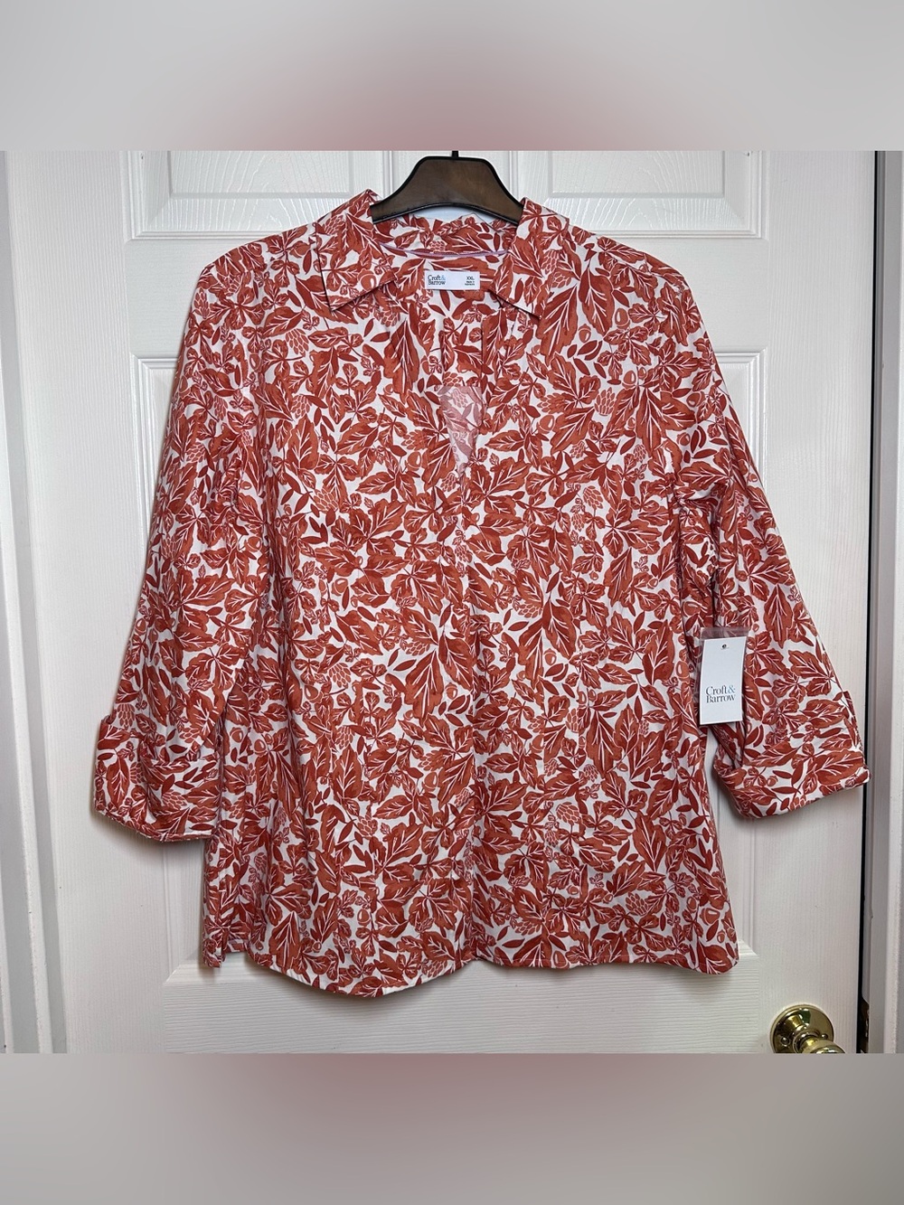NWT Croft & Barrow Autumn Leaf Floral Print Plus 2X Button Up Shirt 3/4 Sleeve